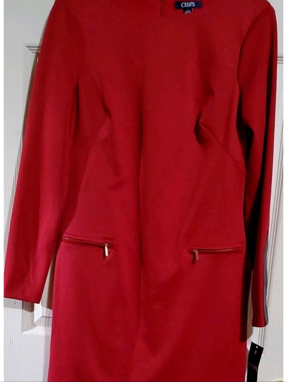 Chaps Red Long Sleeve Sheath Dress with Zip Pocket Accents